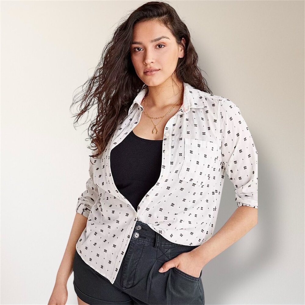 Maeve Anthropologie White Black Clip Dot Cotton Button Down Roll Tab Shirt Boho‎